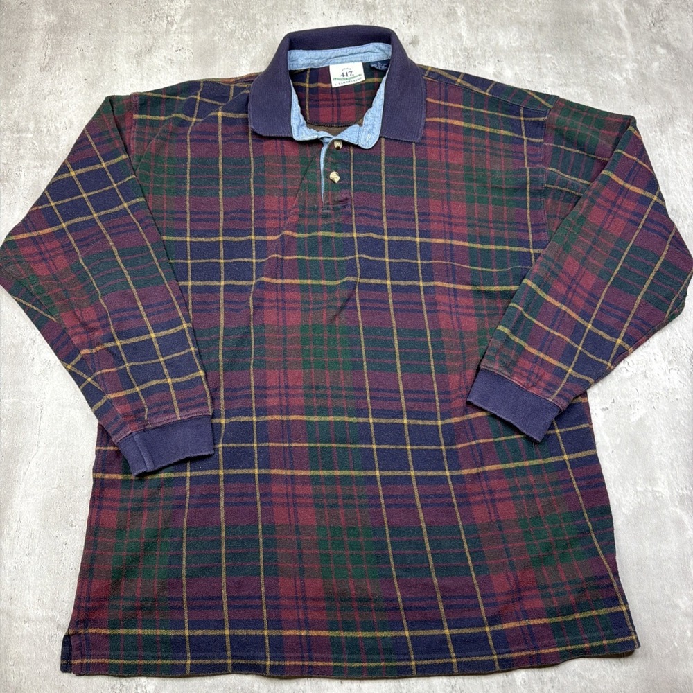 Vintage 90s 417 Van Heusen Plaid Rugby Shirt Long Sleeve Polo Mens Large